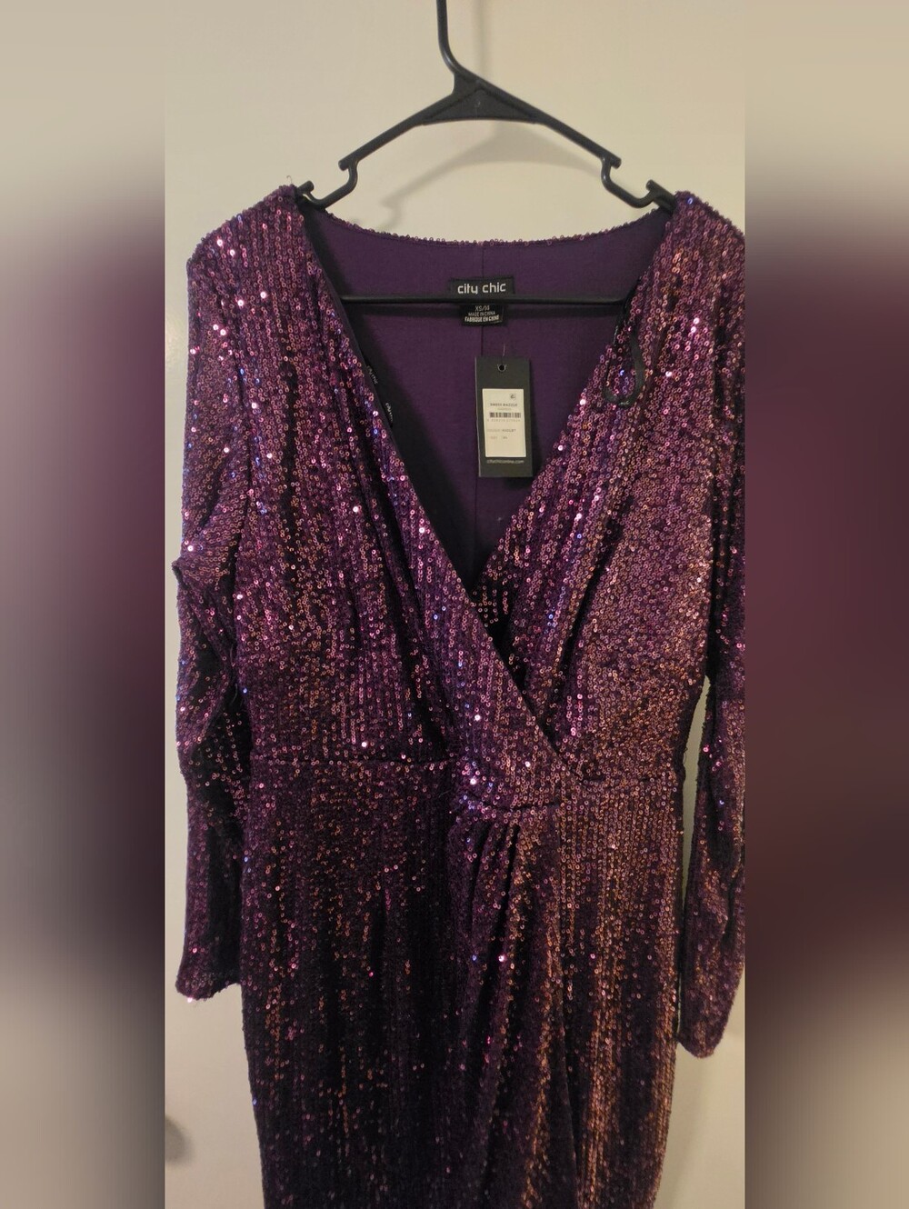 NWT! City Chic Violet Sequin Wrap-Front Long Sleeve Dress Razzle - XS/14 - Picture 7 of 8
